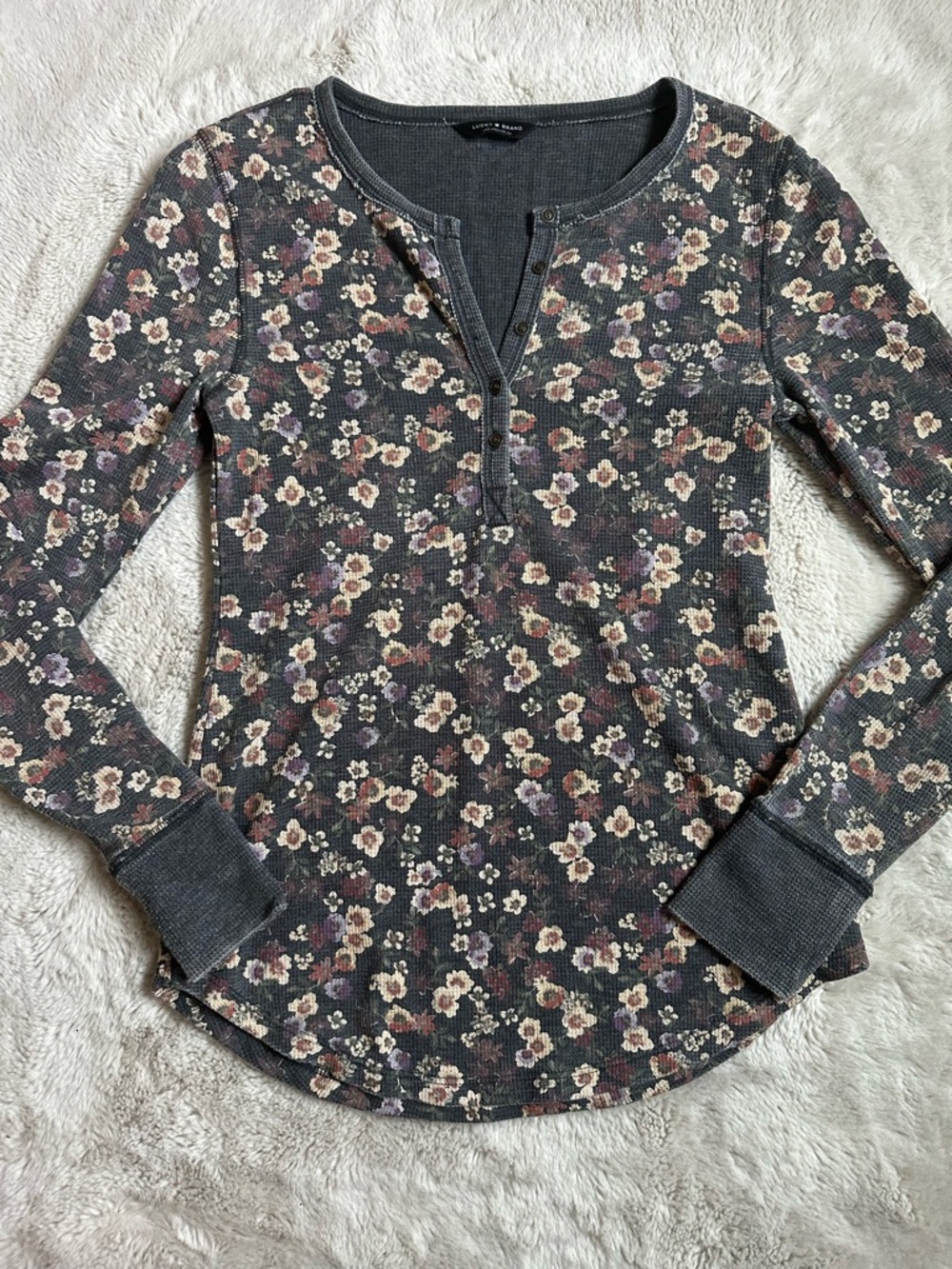 Forever 21 Charcoal Floral Henley Long Sleeve Top